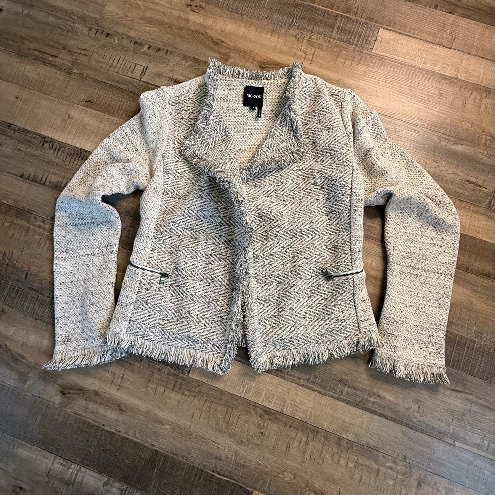 Nic+Zoe Fringe Mix Knit Jacket Sugar Cookie Sz‎ S Business Casual Quiet Luxury